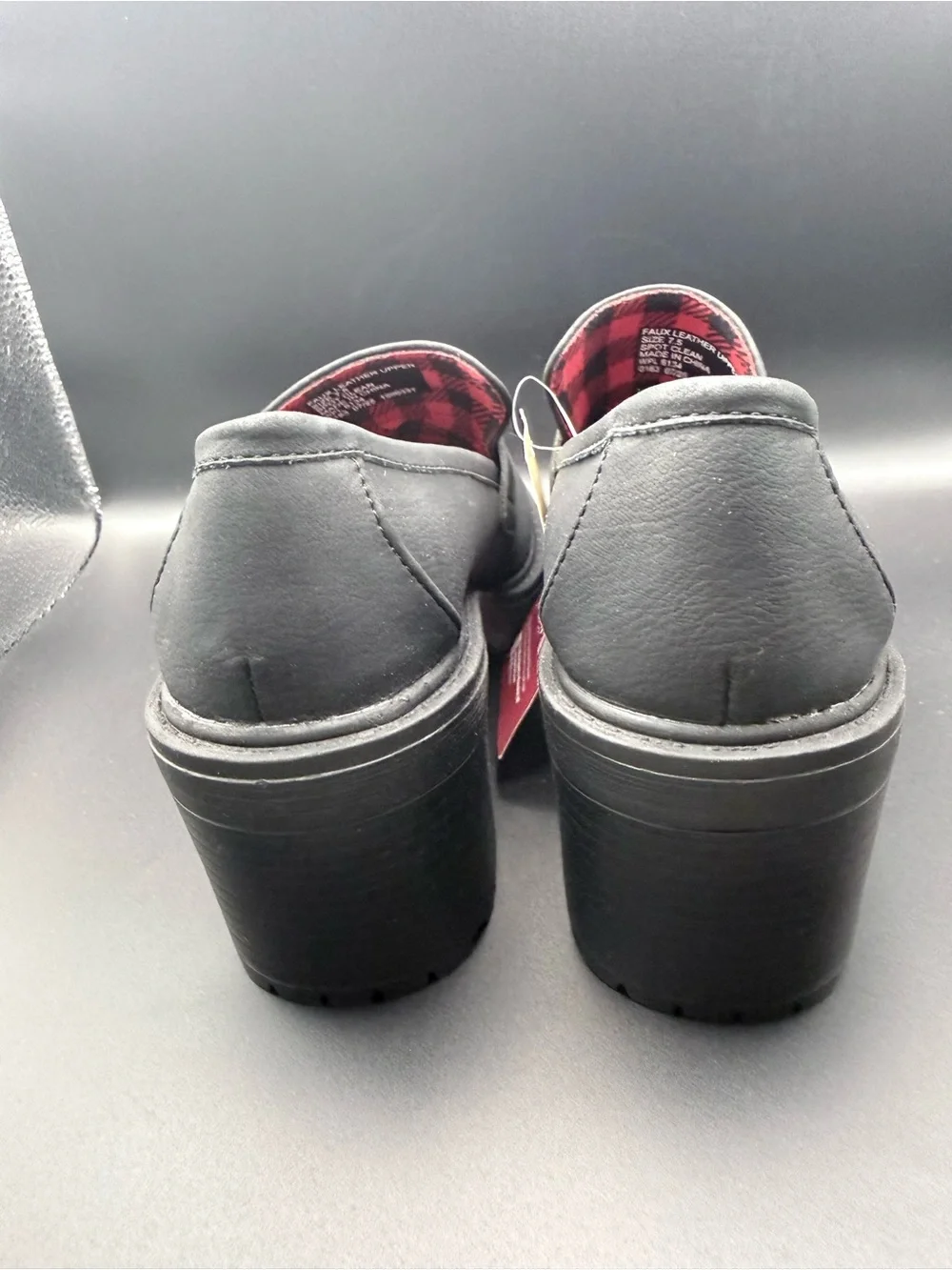 Muk Luks - Black Lug Heel Penny Loafers with Red Plaid Lining
